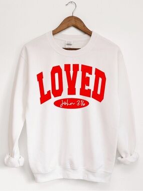 Gildan White Sweatshirt with Red "LOVED" Graphic